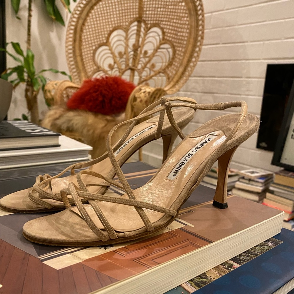 Authentic Manolo Blahnik tan suede strappy heeled sandal size 36.5 / 6.5 US